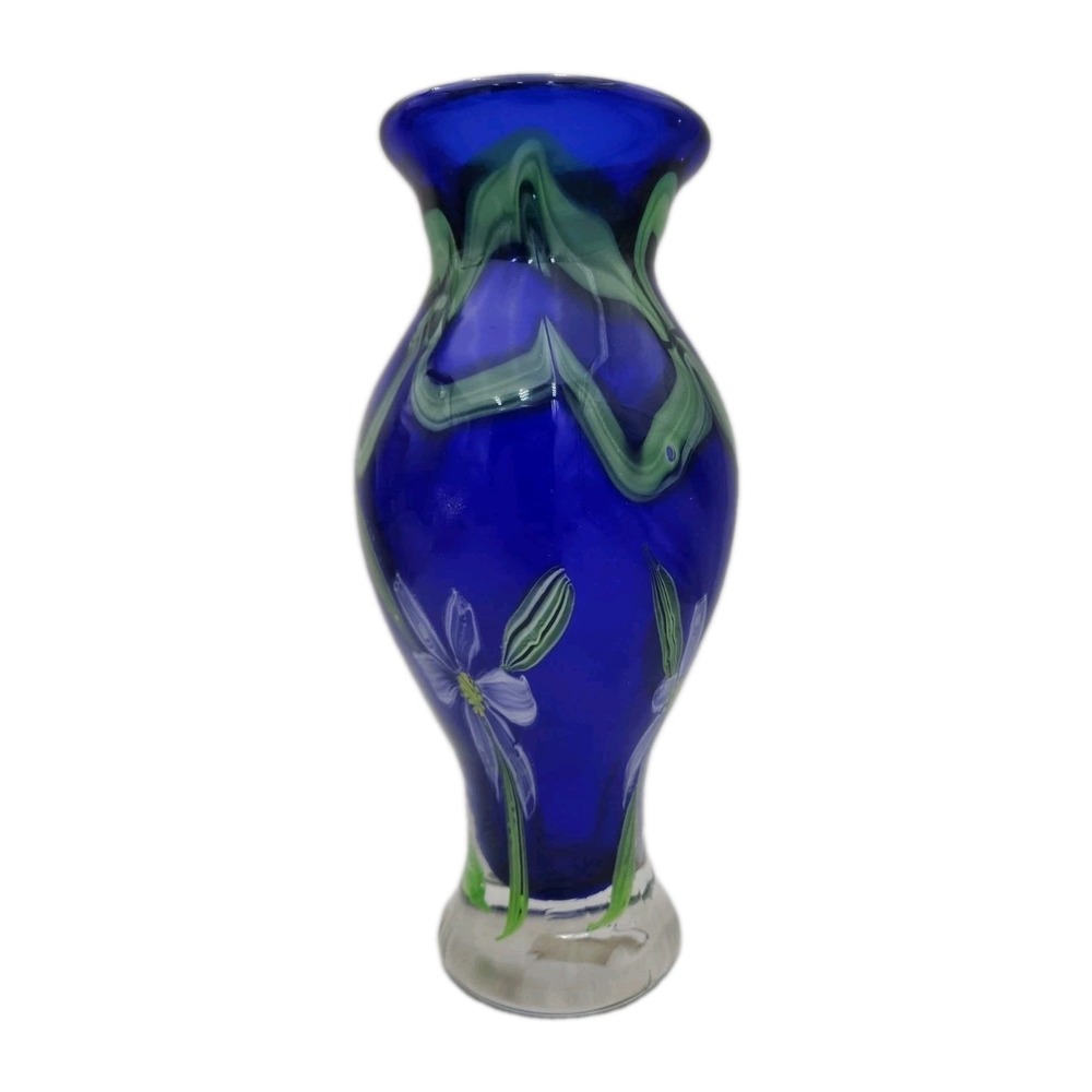 Art Glass Vase Cobalt Blue With White Flower 10" Unsigned